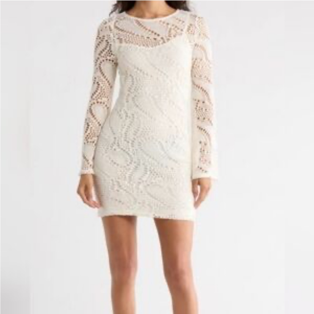 Madden Girl Crochet Long-Sleeve Mini Dress In Cream